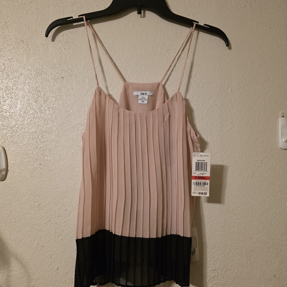 Bar III Blush Pink Pleated Spaghetti Strap Camisole with Black Hem